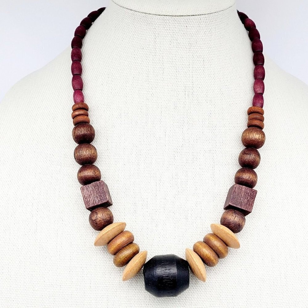 Multicolored Wooden Beaded Necklace Bohemian Natural Neutral 23" Browns NEW